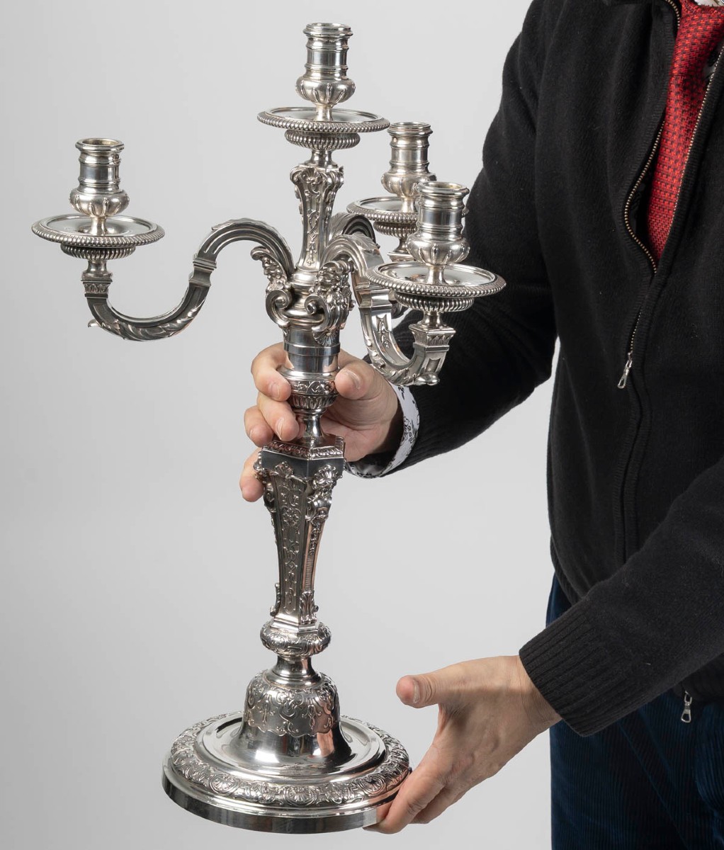 BOIN-TABURET - Paire de candélabres d’apparat argent massif.fin XIXᵉ -photo-7