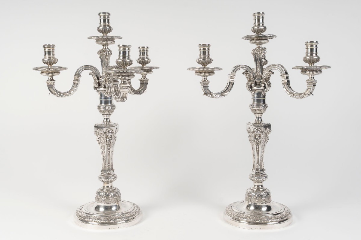 BOIN-TABURET - Paire de candélabres d’apparat argent massif.fin XIXᵉ 