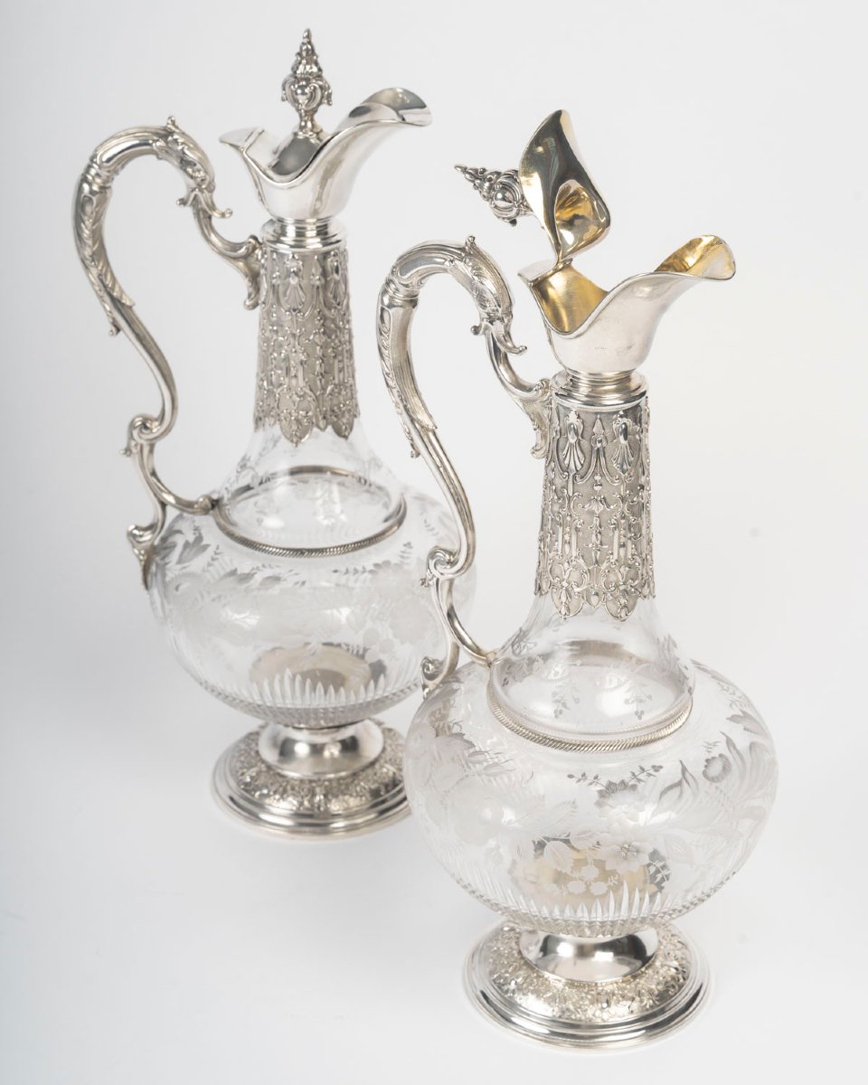 Armand Gross – Pair Of Crystal And Sterling Silver Ewers, Late 19th Century-photo-4