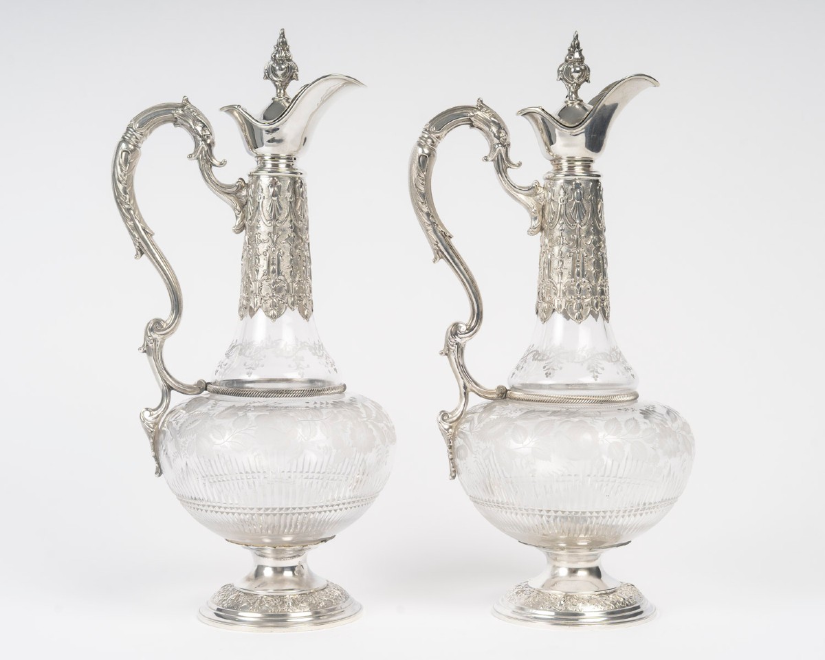 Armand Gross – Pair Of Crystal And Sterling Silver Ewers, Late 19th Century