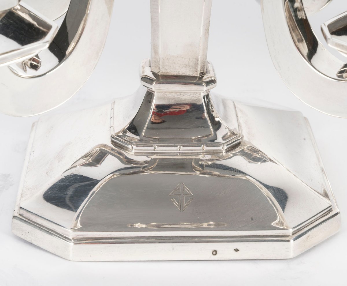 Paire de candélabres Art Déco en argent massif par Leroy, vers 1930-photo-1