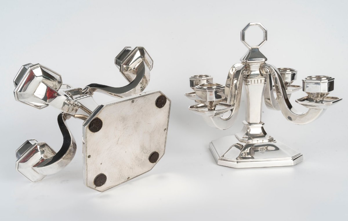 Paire de candélabres Art Déco en argent massif par Leroy, vers 1930-photo-3