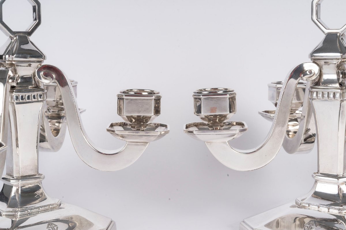Paire de candélabres Art Déco en argent massif par Leroy, vers 1930-photo-5