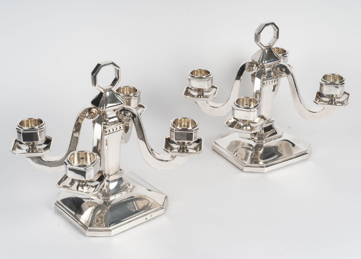 Paire de candélabres Art Déco en argent massif par Leroy, vers 1930-photo-7