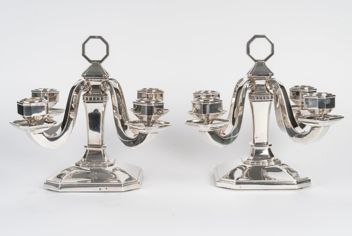Paire de candélabres Art Déco en argent massif par Leroy, vers 1930