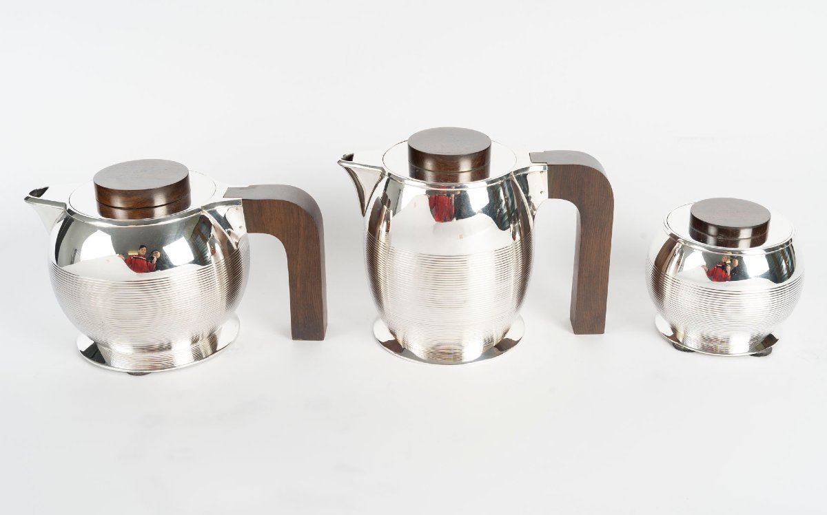 JEAN E. PUIFORCAT – Set de trois pièces THE/CAFE en argent massif Epoque ART DECO -photo-1