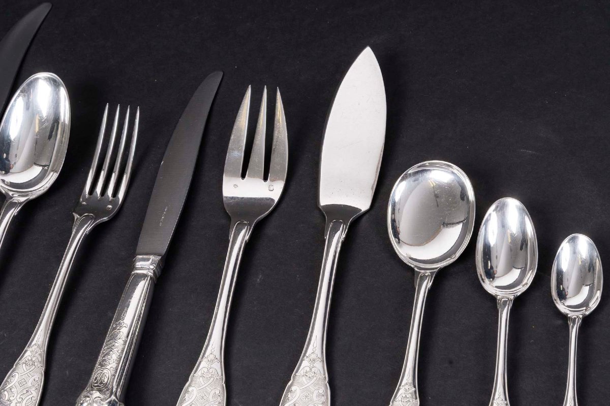 JEAN E. PUIFORCAT - MENAGERE 147 PIECES en ARGENT Modèle « ELYSEE » Epoque 1930-photo-4