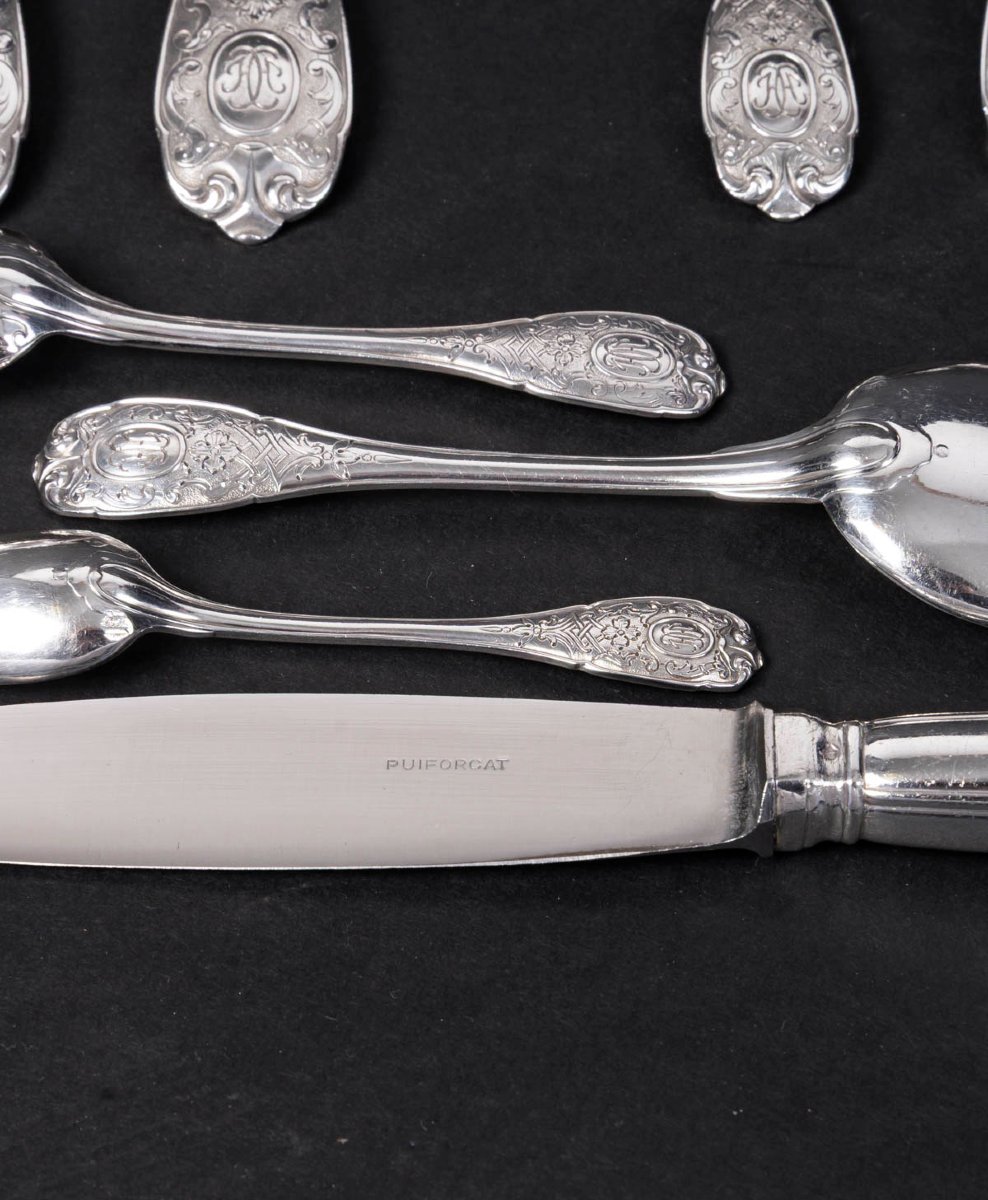 JEAN E. PUIFORCAT - MENAGERE 147 PIECES en ARGENT Modèle « ELYSEE » Epoque 1930-photo-3