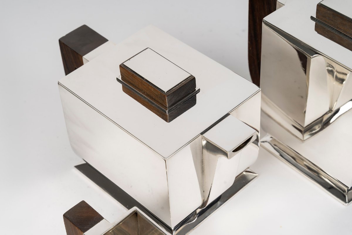 TETARD  FRERES - Service à thé et café Art déco en argent, modèle cubiste Circa 1925/1930-photo-2