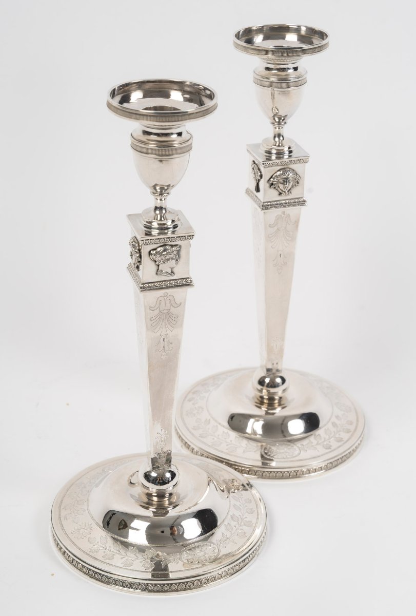 Jfj Beydel - Pair Of Silver Candlesticks, First Empire, 2nd Coq, 1809/1818 -photo-2