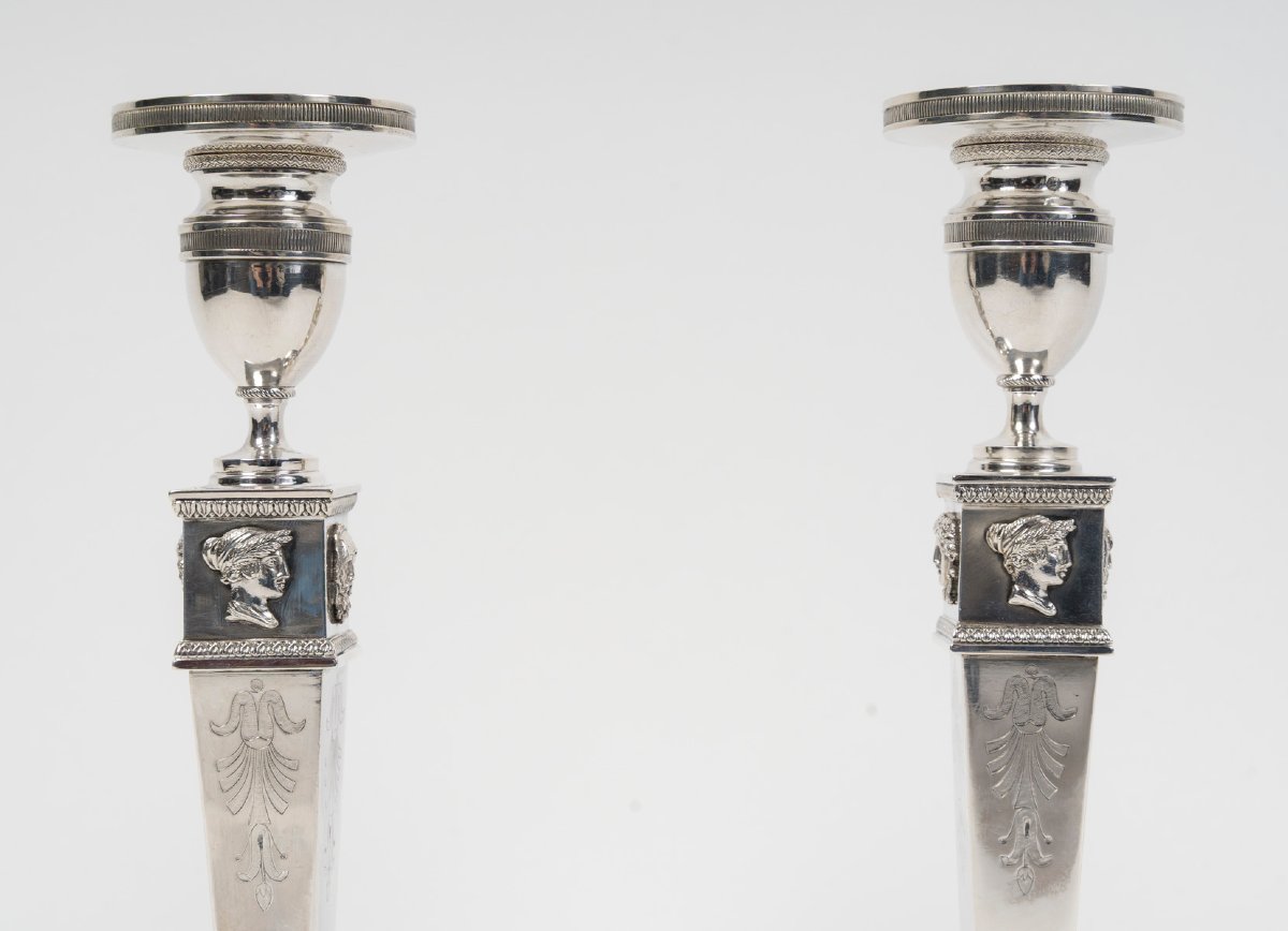 Jfj Beydel - Pair Of Silver Candlesticks, First Empire, 2nd Coq, 1809/1818 -photo-3