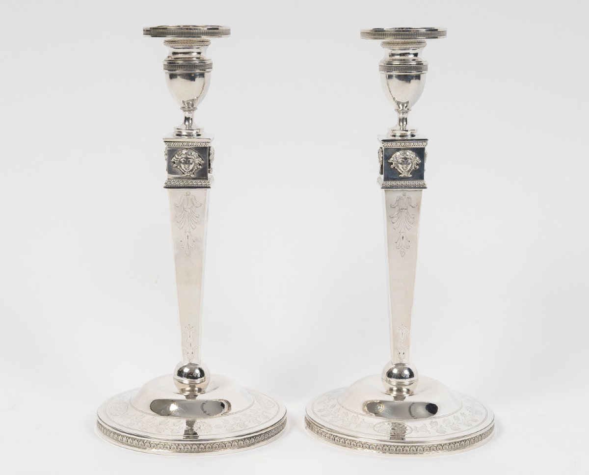 Jfj Beydel - Pair Of Silver Candlesticks, First Empire, 2nd Coq, 1809/1818 -photo-4