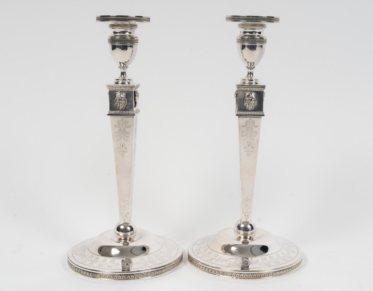 Jfj Beydel - Pair Of Silver Candlesticks, First Empire, 2nd Coq, 1809/1818 