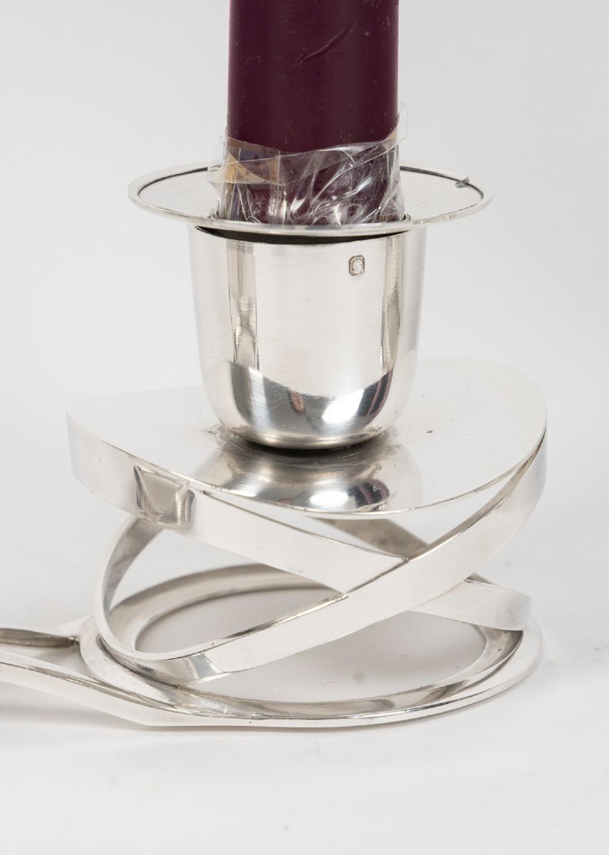 ESQUILAT – Suite de 4 Candélabres bas doubles argent massif  ART DECO-photo-3