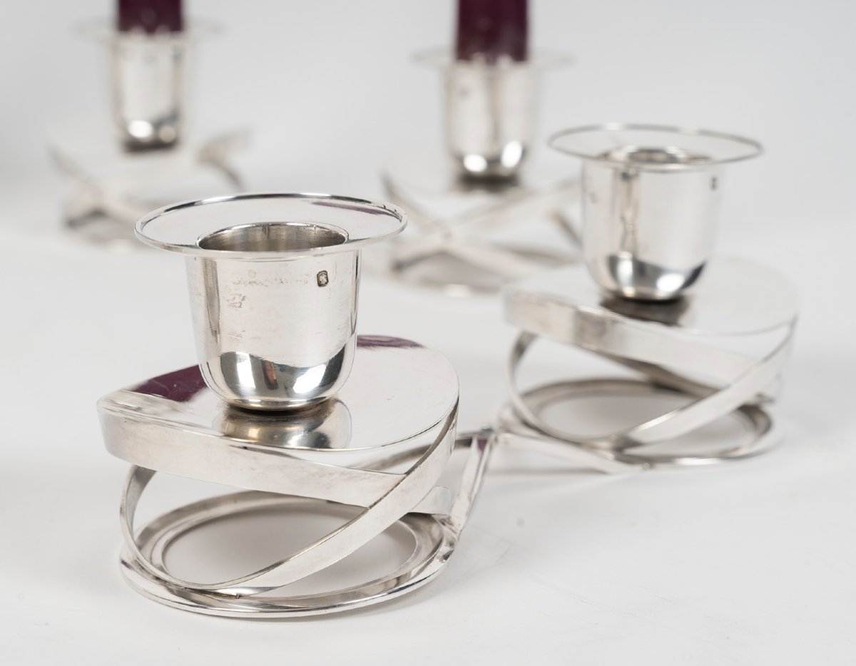 ESQUILAT – Suite de 4 Candélabres bas doubles argent massif  ART DECO-photo-4