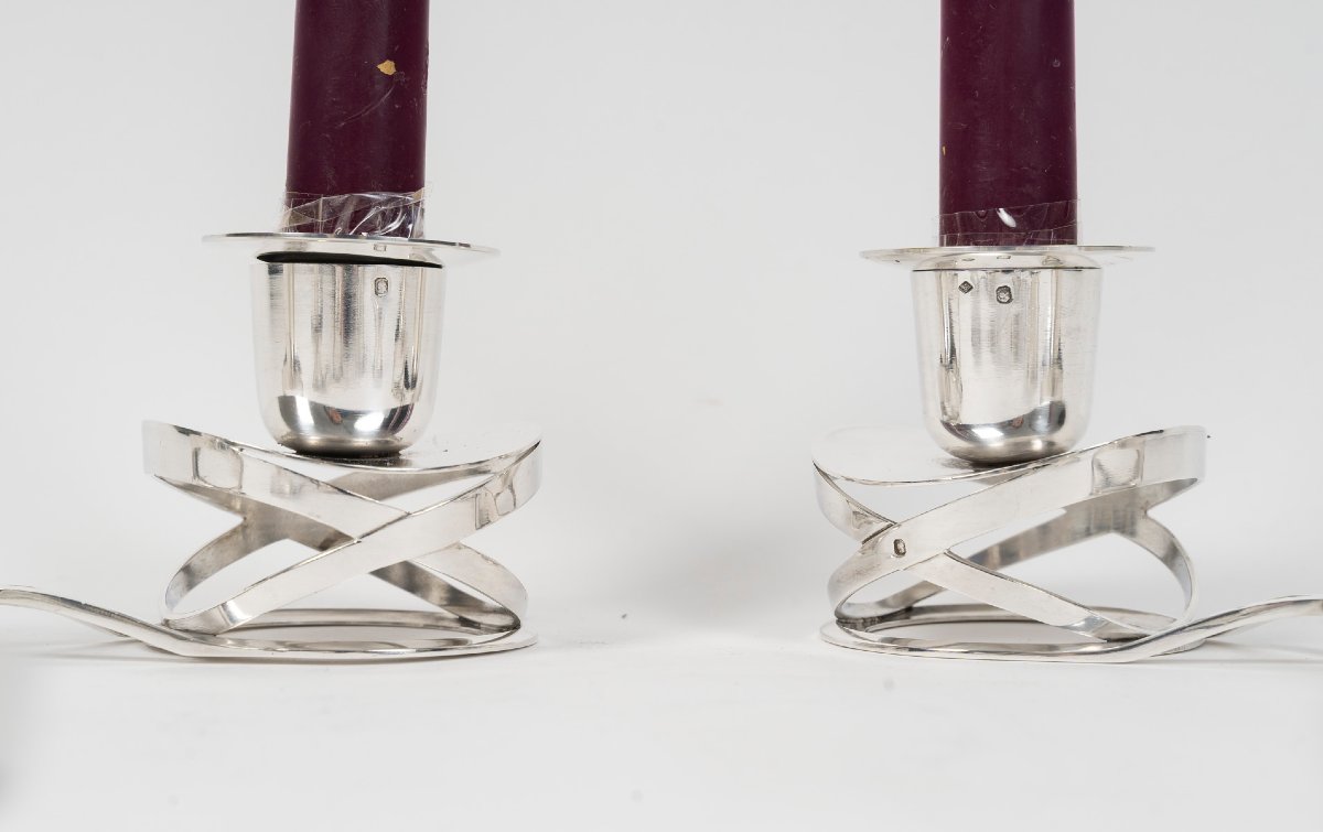 ESQUILAT – Suite de 4 Candélabres bas doubles argent massif  ART DECO-photo-1