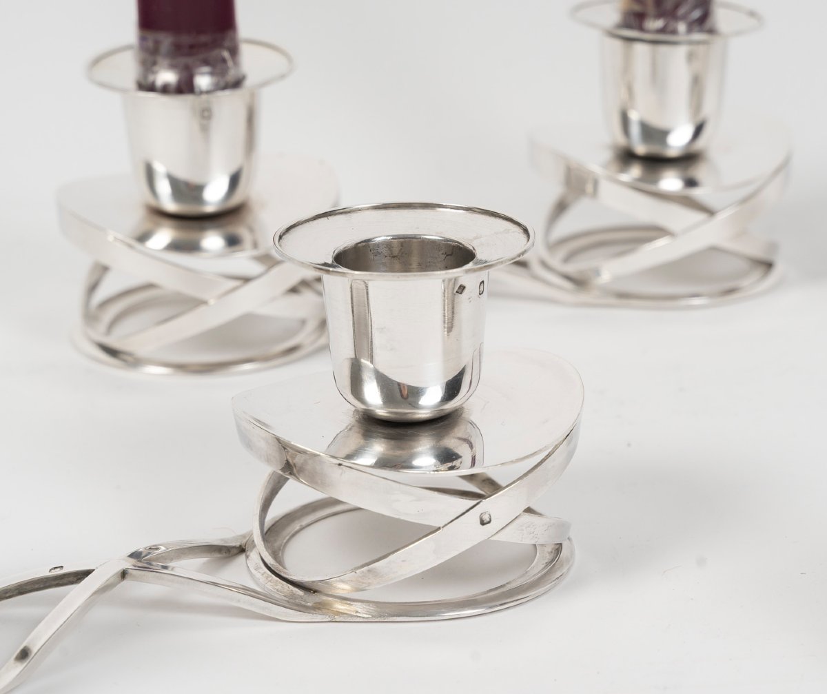 ESQUILAT – Suite de 4 Candélabres bas doubles argent massif  ART DECO-photo-5