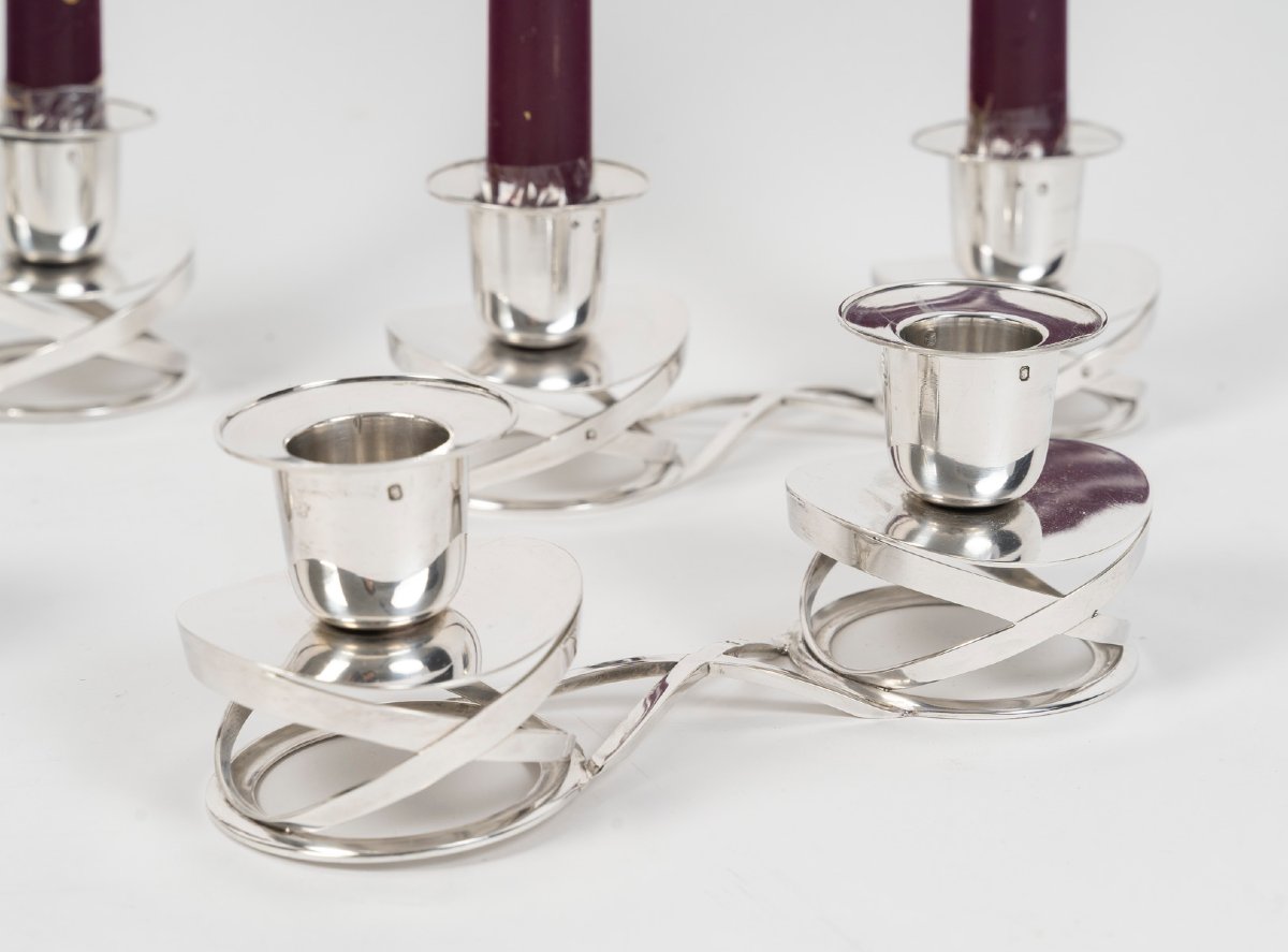 ESQUILAT – Suite de 4 Candélabres bas doubles argent massif  ART DECO