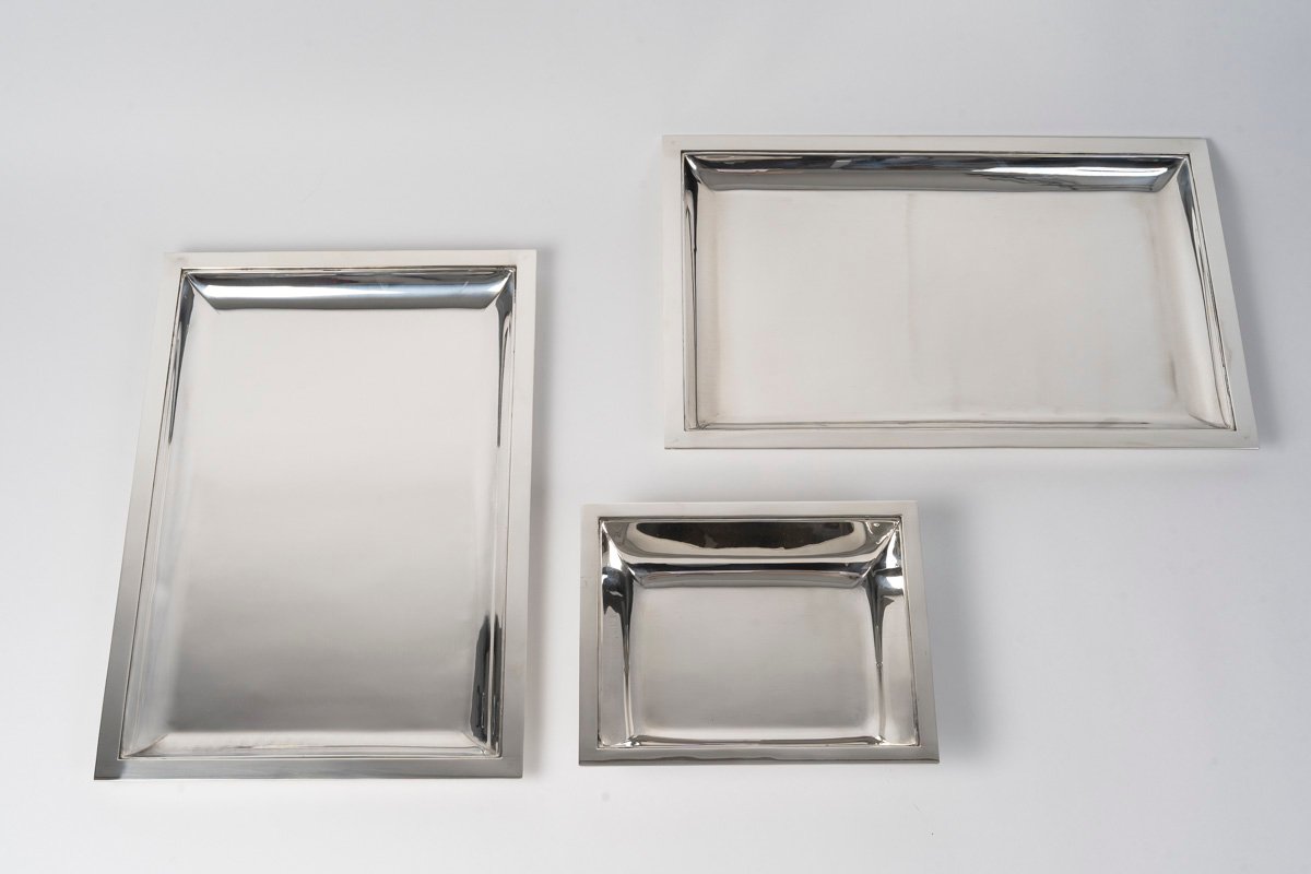 JEAN E. PUIFORCAT – Set de deux plats rectangulaires et d’une Jatte en argent massif Epoque ART-photo-8