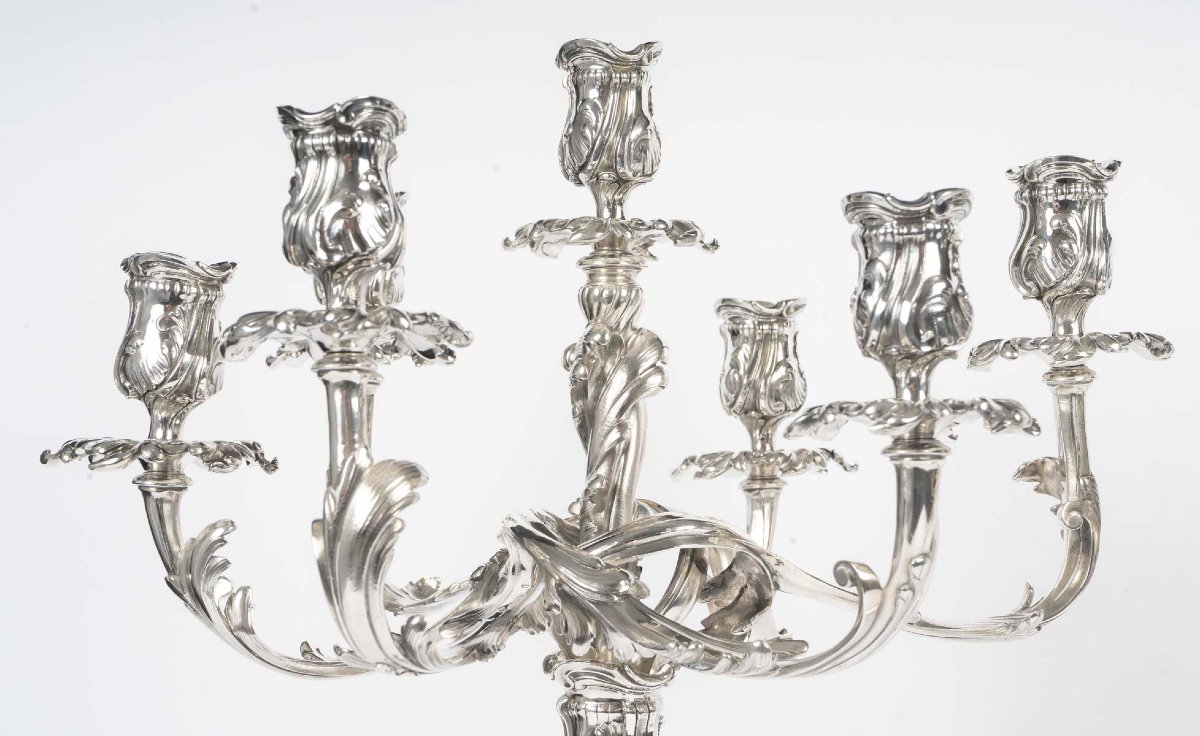GUSTAVE ODIOT - Importante Paire de candélabres à sept bras  de lumière en argent massif. XIXe-photo-2
