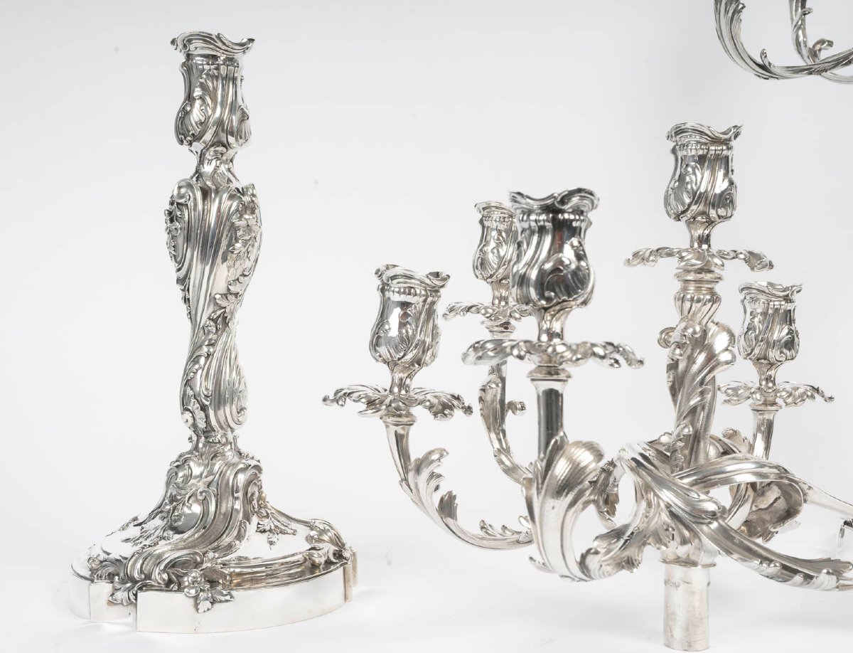 GUSTAVE ODIOT - Importante Paire de candélabres à sept bras  de lumière en argent massif. XIXe-photo-1