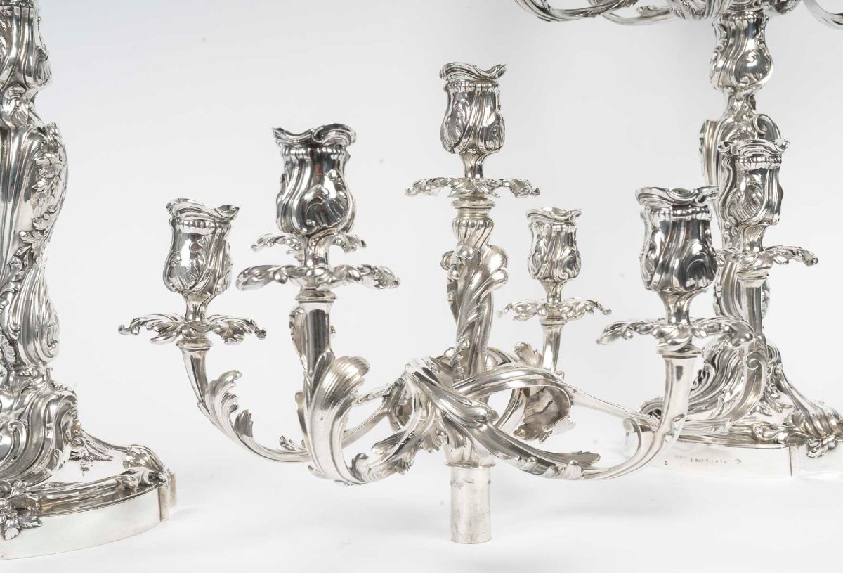 GUSTAVE ODIOT - Importante Paire de candélabres à sept bras  de lumière en argent massif. XIXe-photo-4