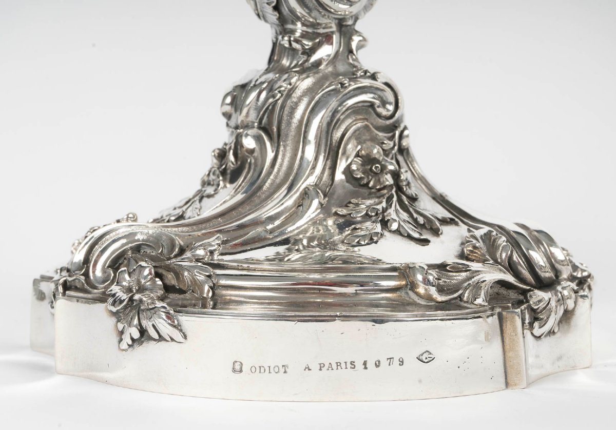 GUSTAVE ODIOT - Importante Paire de candélabres à sept bras  de lumière en argent massif. XIXe-photo-5