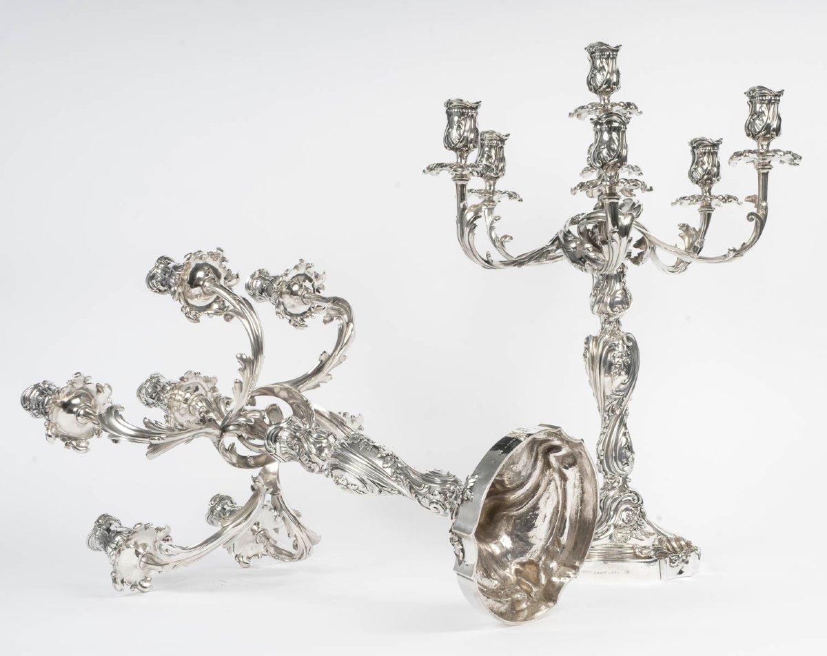 GUSTAVE ODIOT - Importante Paire de candélabres à sept bras  de lumière en argent massif. XIXe-photo-7