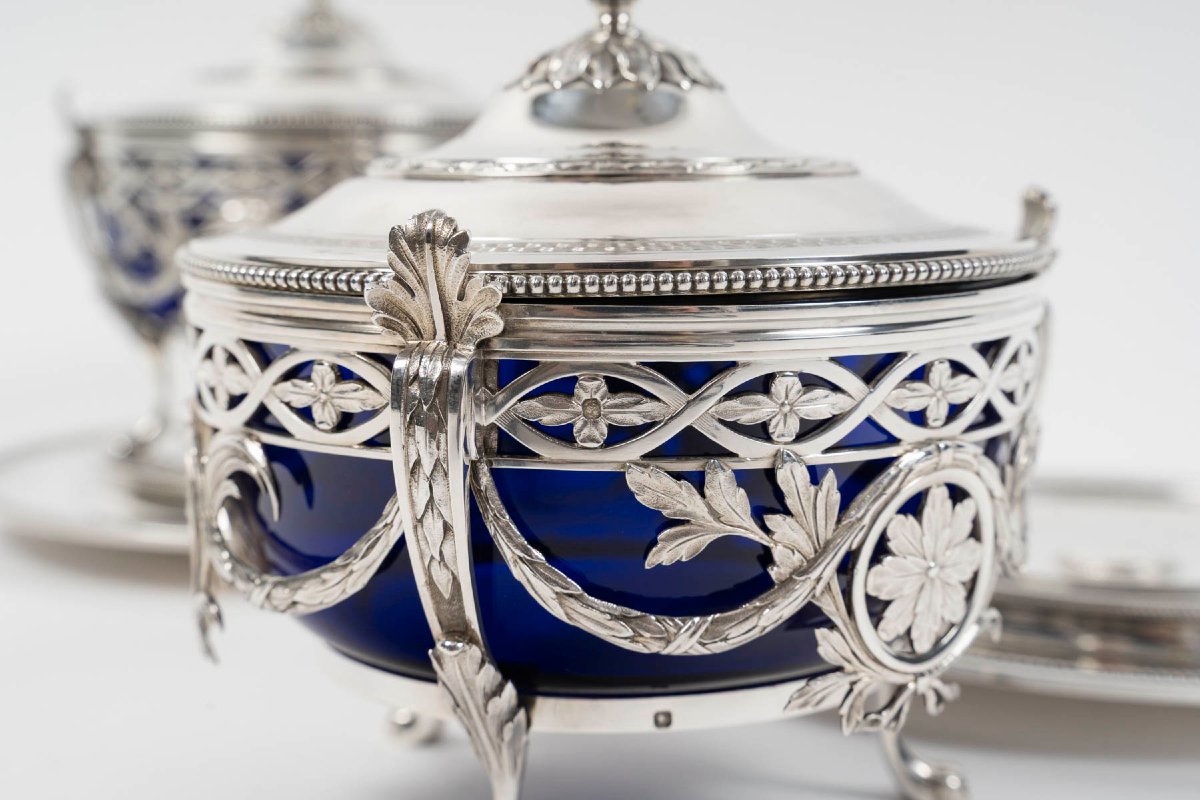 RISLER & CARRÉ - Paire de drageoirs couverts en argent massif et verre bleu cobalt – fin du XIX-photo-2