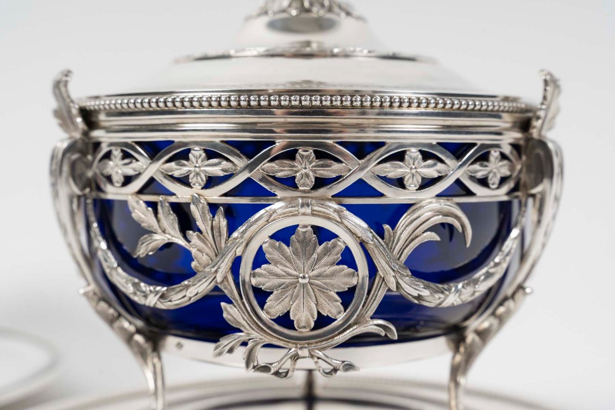 RISLER & CARRÉ - Paire de drageoirs couverts en argent massif et verre bleu cobalt – fin du XIX-photo-3