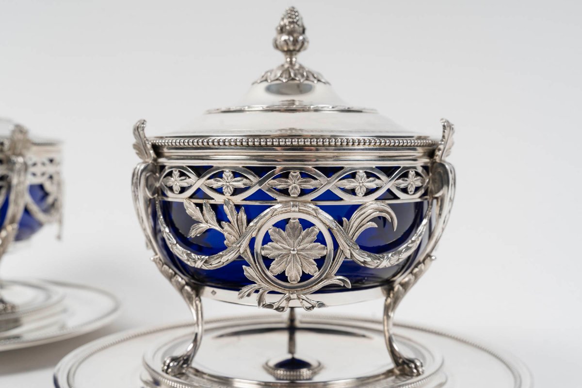 RISLER & CARRÉ - Paire de drageoirs couverts en argent massif et verre bleu cobalt – fin du XIX-photo-1