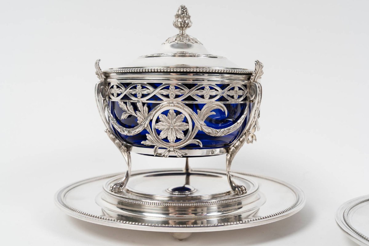 RISLER & CARRÉ - Paire de drageoirs couverts en argent massif et verre bleu cobalt – fin du XIX-photo-5