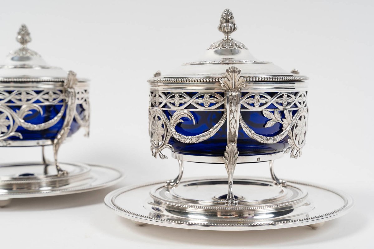 RISLER & CARRÉ - Paire de drageoirs couverts en argent massif et verre bleu cobalt – fin du XIX-photo-8