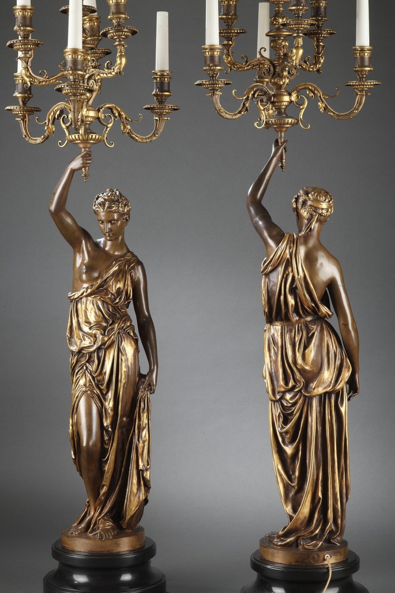 Barbedienne - Pair Of XIXth Bronze Torchieres By Dubois & Falguiere-photo-4