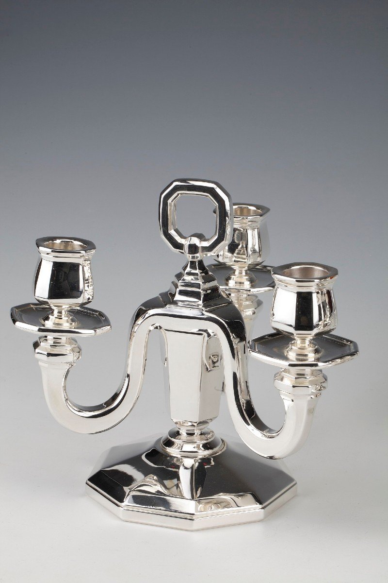 Goldsmith Gustave Keller - Pair Of Candelabra In Sterling Silver Art Deco Period 1930-photo-2