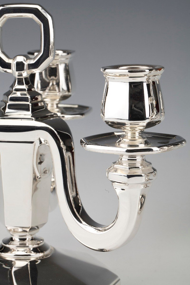 Goldsmith Gustave Keller - Pair Of Candelabra In Sterling Silver Art Deco Period 1930-photo-3