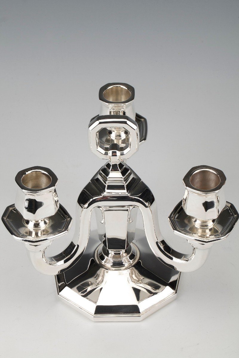 Goldsmith Gustave Keller - Pair Of Candelabra In Sterling Silver Art Deco Period 1930-photo-4