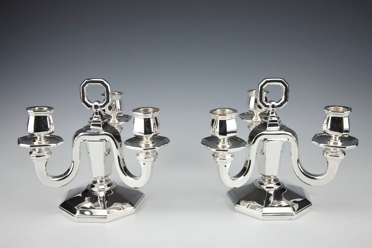 Goldsmith Gustave Keller - Pair Of Candelabra In Sterling Silver Art Deco Period 1930-photo-6