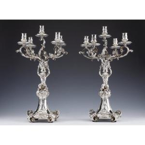 Merite - Pair Of Candelabra In Sterling Silver Zoomorphic Nineteenth Century