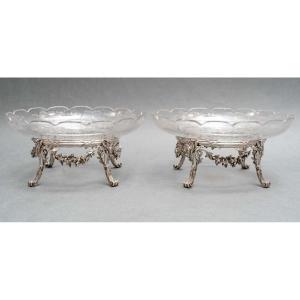 L. Lapar - Pair Of Cups In Engraved Crystal And Sterling Silver Nineteenth