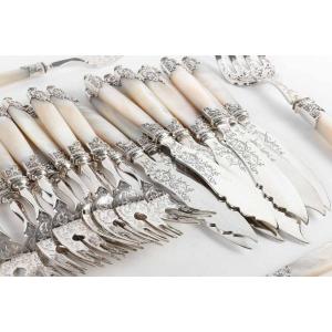 Merite Goldsmith – 12 Sterling Silver And Mother-of-pearl Fish Cutlery – 19th Century