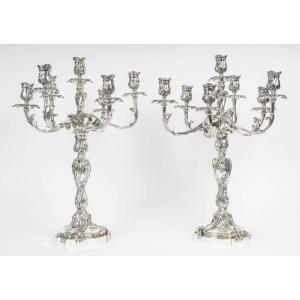 Gustave Odiot - Important Pair Of Seven-branched Candelabra Made Of Solid Silver. 19th Century