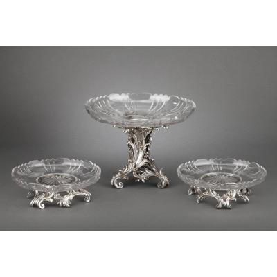 Orfèvre Cardeilhac - Garniture De Table 3 Coupes En Argent Massif Et Cristal XIXè