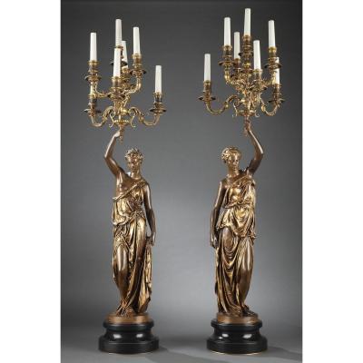 Barbedienne - Pair Of XIXth Bronze Torchieres By Dubois & Falguiere
