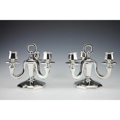 Goldsmith Gustave Keller - Pair Of Candelabra In Sterling Silver Art Deco Period 1930