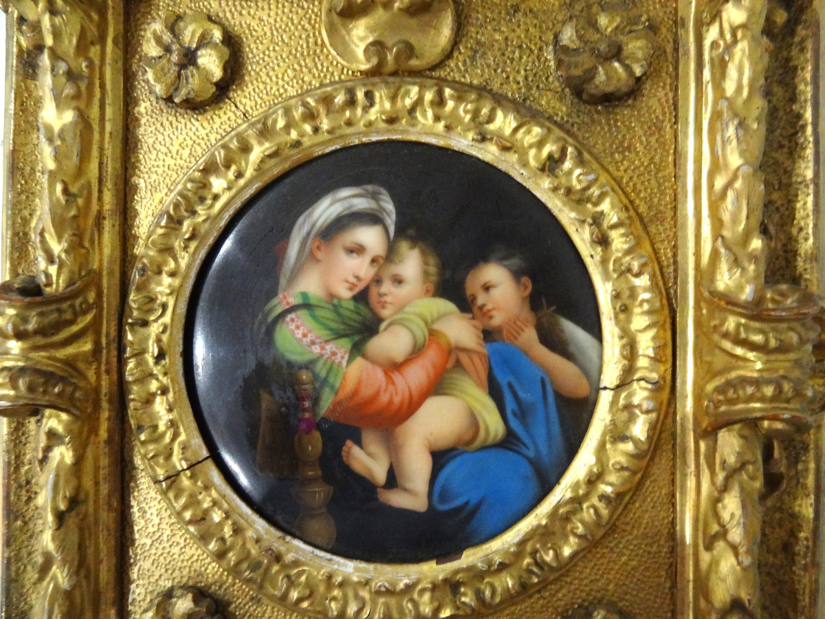 "the Madonna Della Seggiola" Painting On Ceramic 19th 