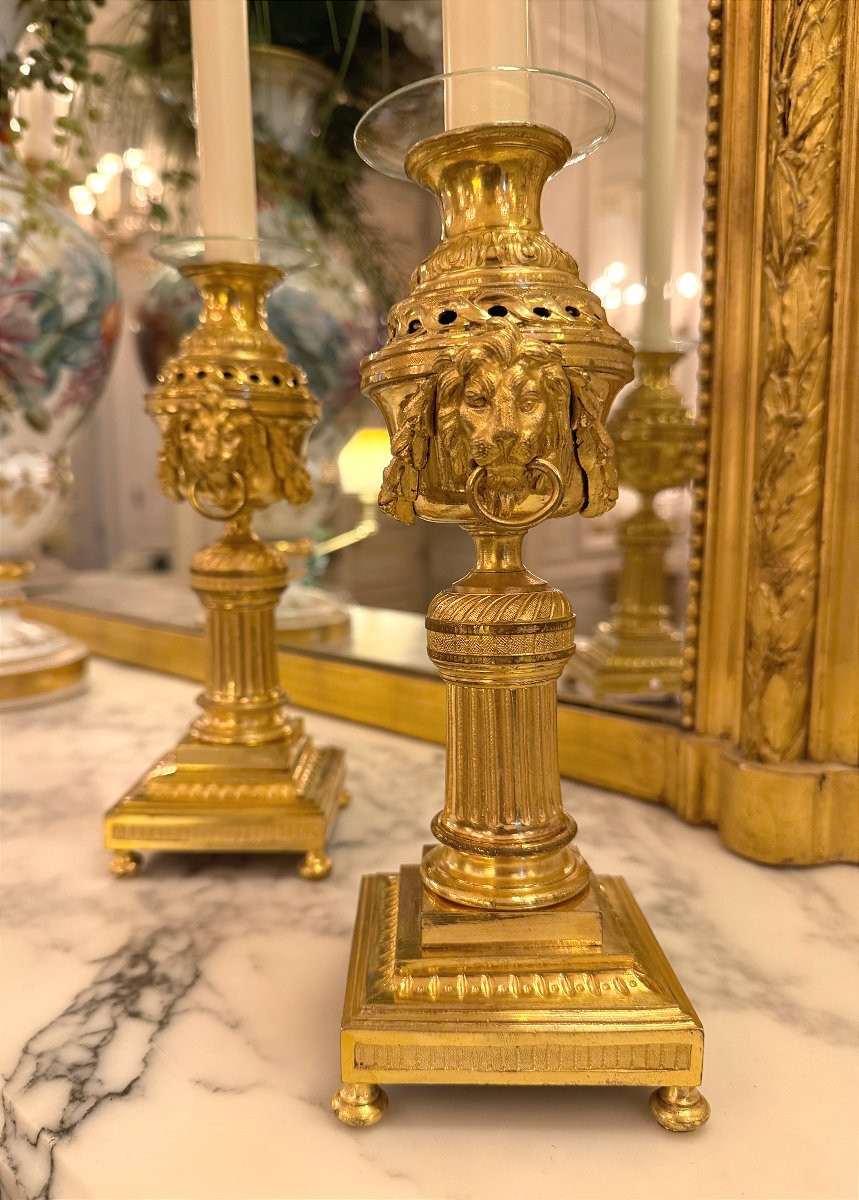 Paire De Bougeoirs En Bronze Doré époque Louis XVI (18e Siècle)-photo-6
