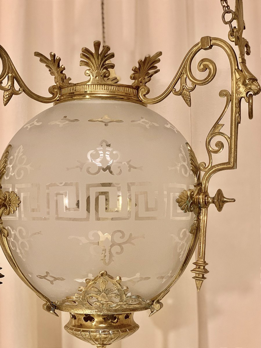 Lanterne Sphérique verre dépoli et gravé - Époque Napoleon III-photo-3