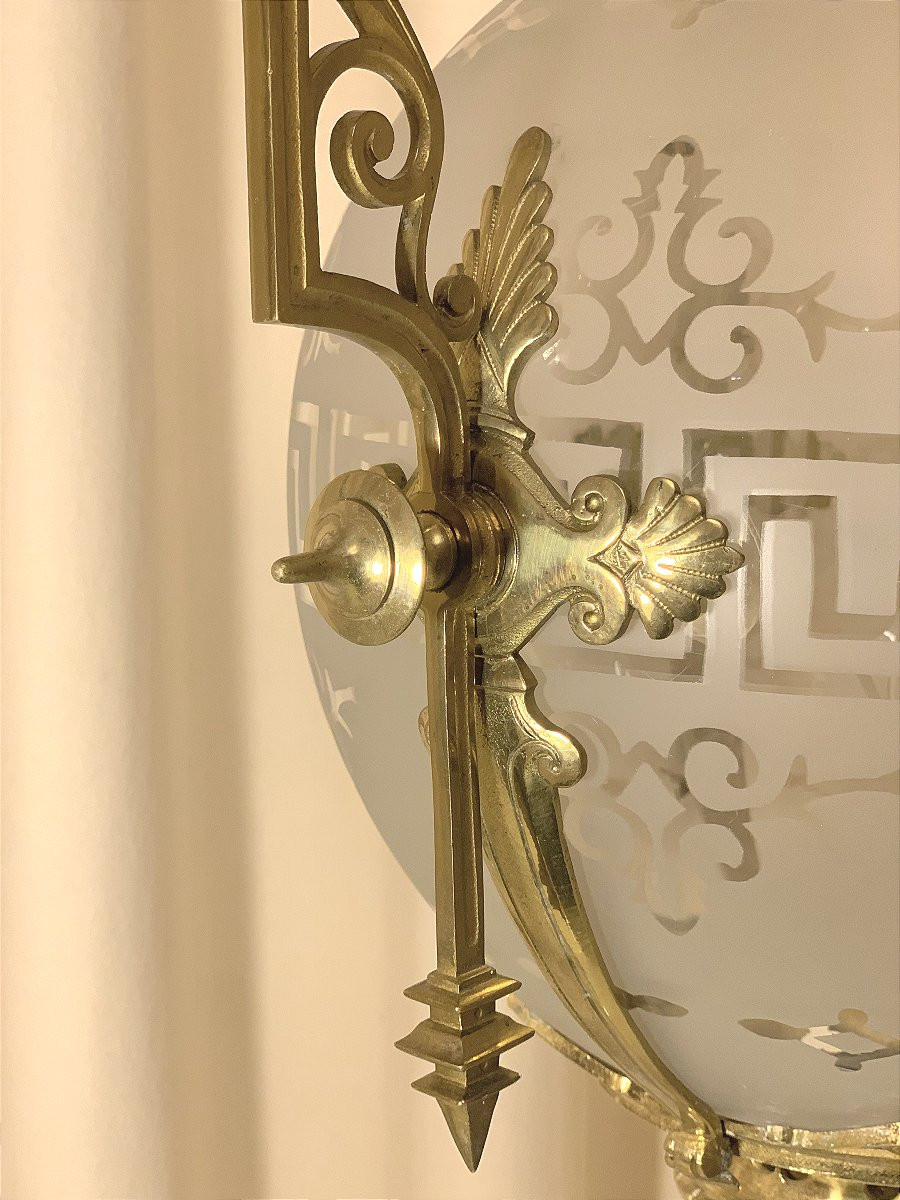 Lanterne Sphérique verre dépoli et gravé - Époque Napoleon III-photo-1