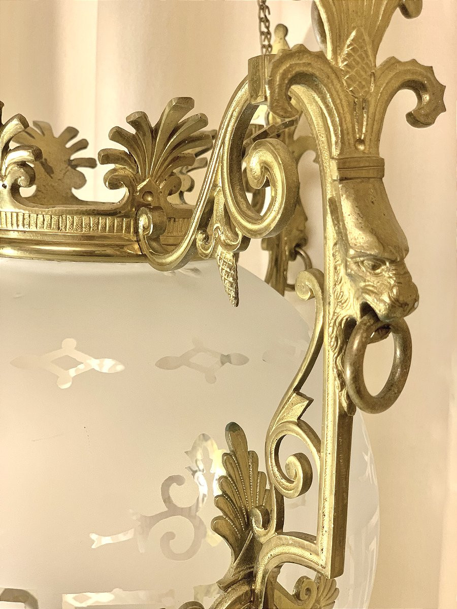 Lanterne Sphérique verre dépoli et gravé - Époque Napoleon III-photo-2